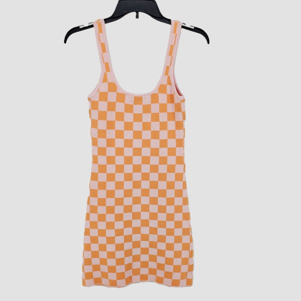 Kendall & Kylie Womens Small Orange Pink Checkered Knit Bodycon Mini Dress - Picture 2 of 9